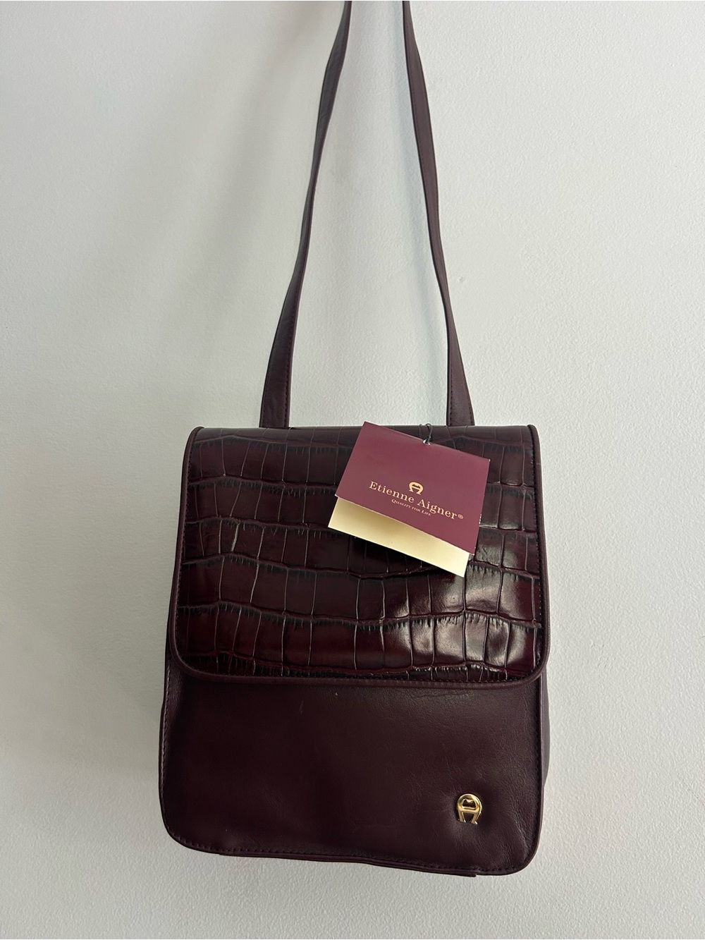 NWT Etienne Aigner Burgundy Croc-Embossed & Smooth Leather Shoulder Bag